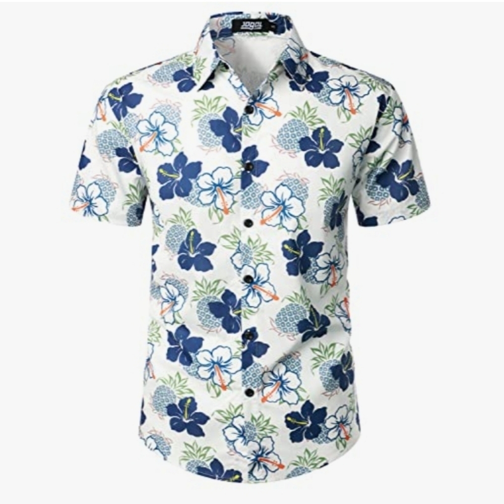 NWT JOGAL Men's Cotton Button Down Short Sleeve Hawaiian Shirt L